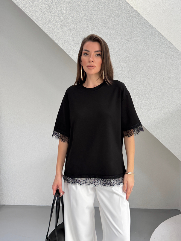 Dantel Detay Basic Tshirt - Siyah