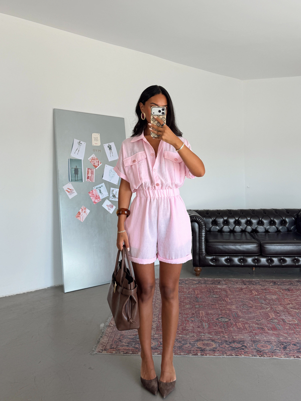 Beli Lastikli Mini Tulum - Pembe