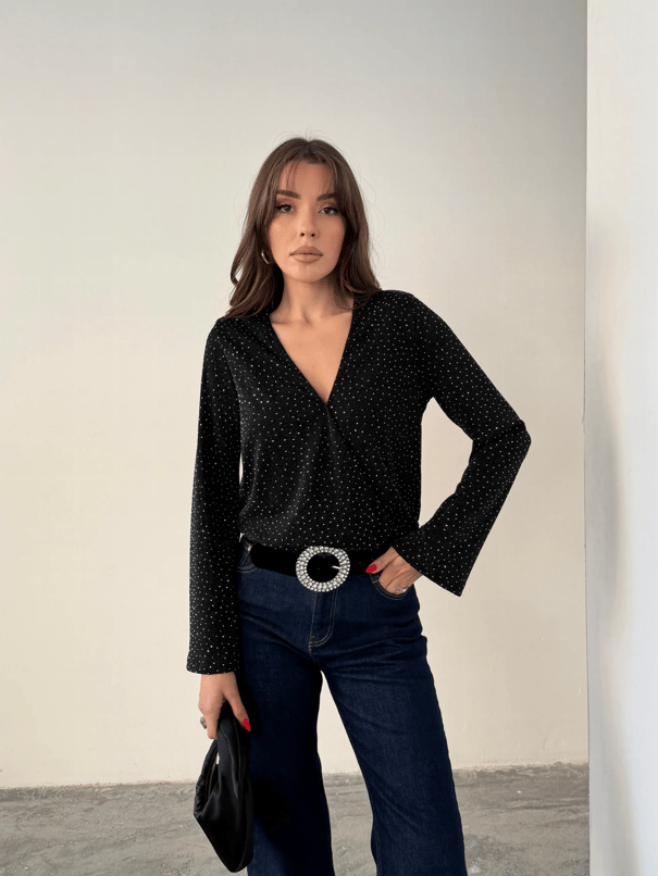 Taşlı Uzun Kol Bodysuit - Siyah