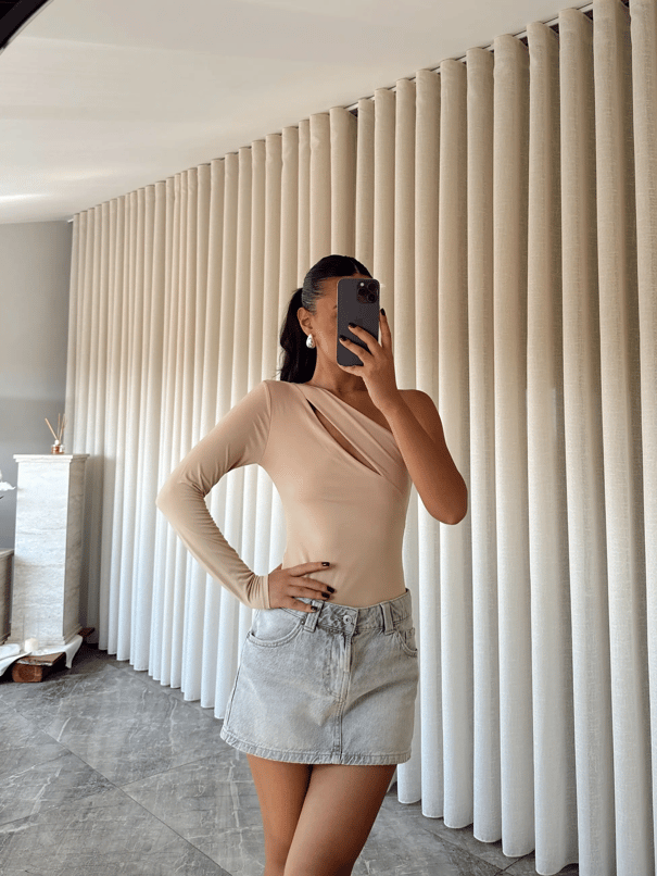 Sabrina Tek Kol Bodysuit Bej - Bej