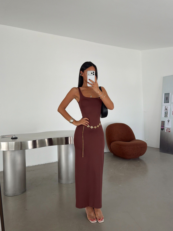 U Yaka Maxi Elbise - Kahve