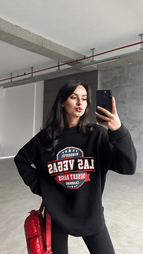 Las Vegas Üç İplik Oversize Sweat Siyah - Siyah