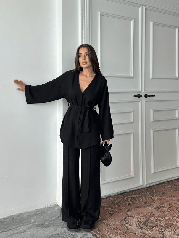 Düğme Detay Kuşaklı Kimono Takım - Siyah