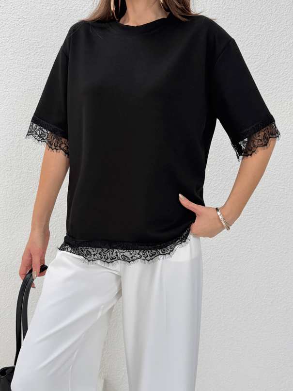 Dantel Detay Basic Tshirt - Siyah