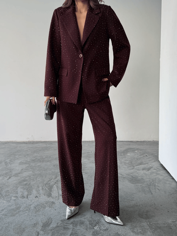 Premium Taş Detaylı Ceket Pantolon Takım  - Mürdüm