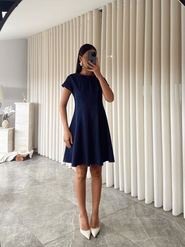 Kloş Likralı Denim Elbise  - Lacivert
