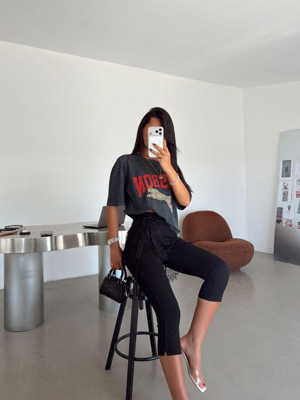 Lisbon Yazılı Basic T-shirt - Füme
