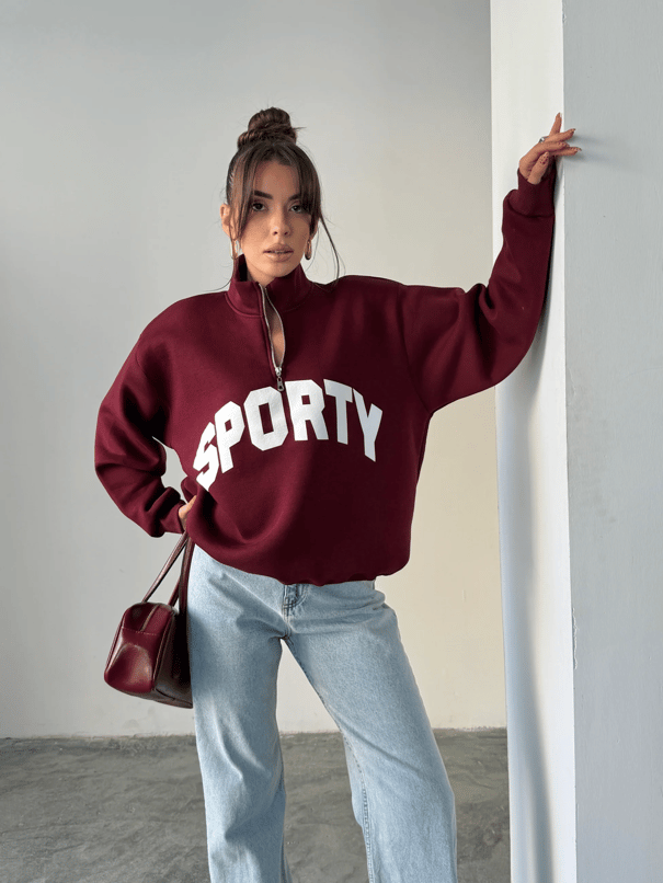Sporty Yarım Fermuar Sweat - Bordo