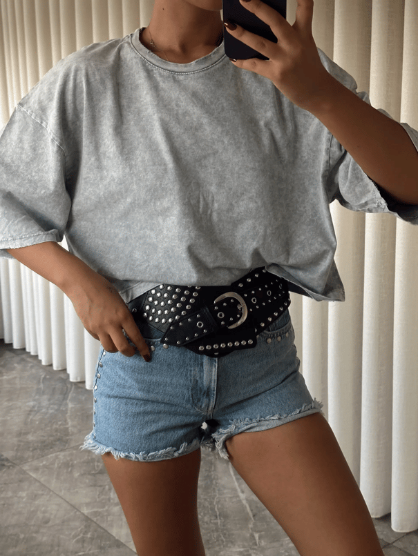 Yıkamalı Düz Crop Basic - Gri