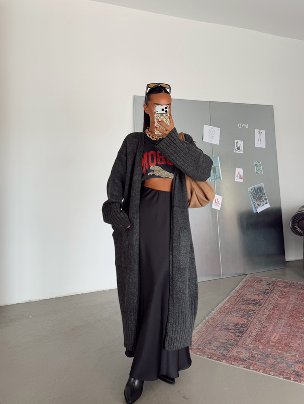 Oversize Uzun Hırka - Füme