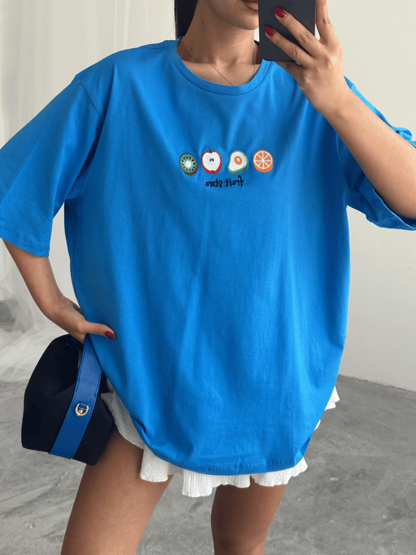 Fruit Nakış Basic T-shirt Mavi - Mavi