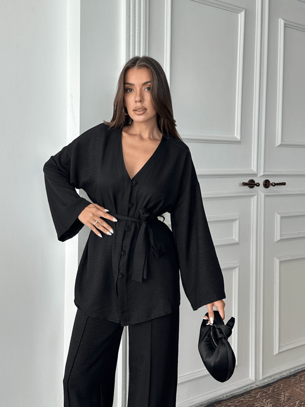Düğme Detay Kuşaklı Kimono Takım - Siyah