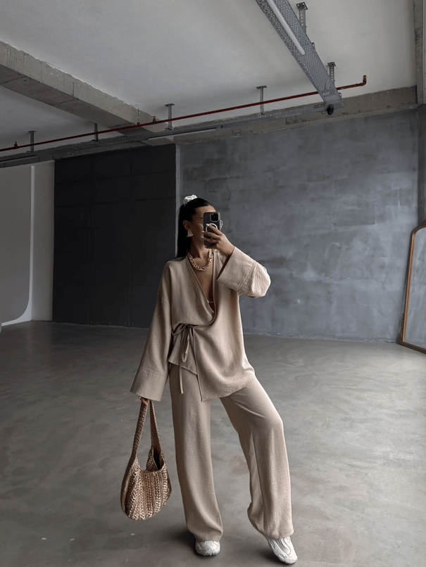 Belden Bağlamalı Keten Kimono Takım - Vizon