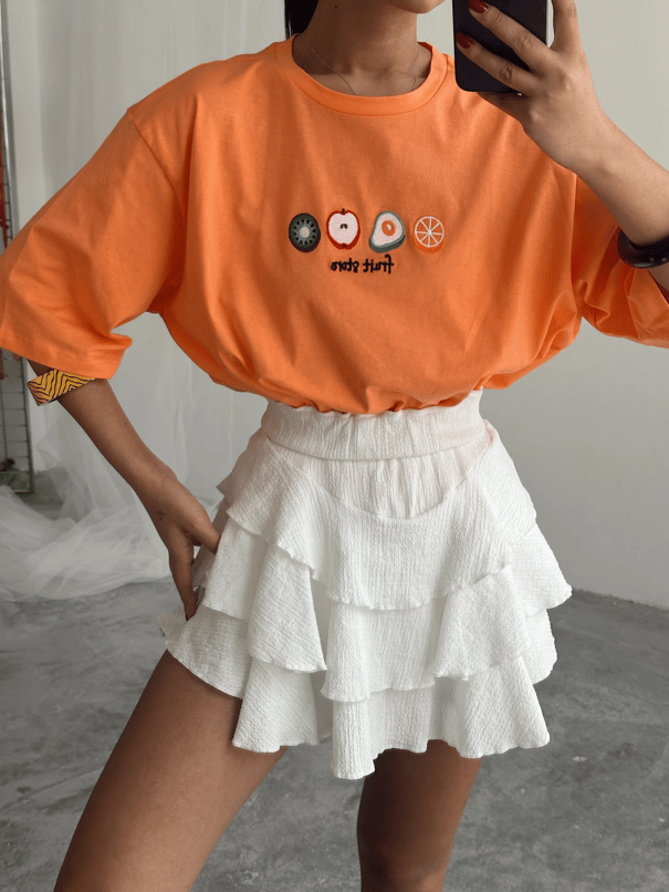 Fruit Nakış Basic T-shirt Turuncu - Turuncu