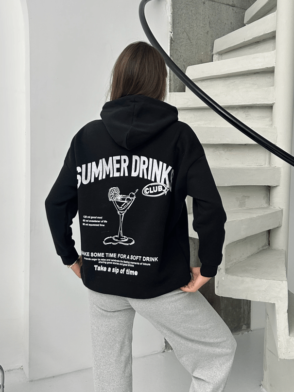 Baskılı Kapüşonlu Oversize Sweat - Siyah