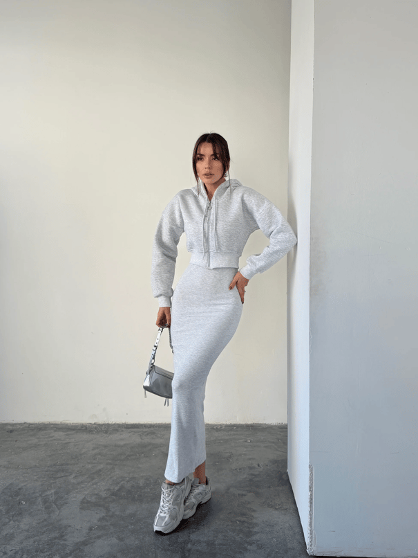 Fermuarlı Sweat Elbise Takım  - Gri
