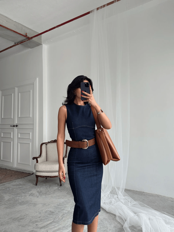 Sıfır Kol Denim Elbise - Lacivert