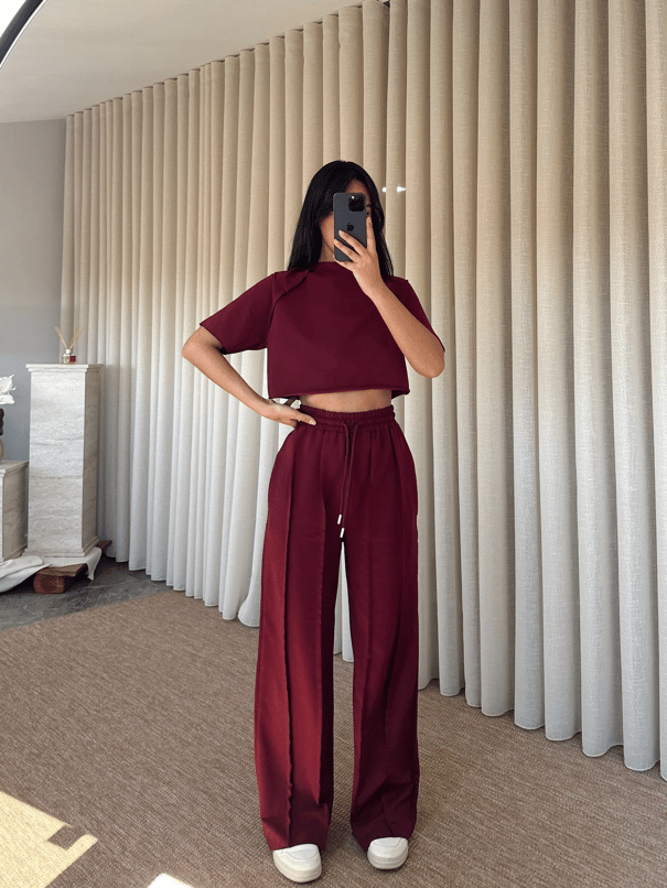 Ters Dikiş Detay Crop Takım - Bordo