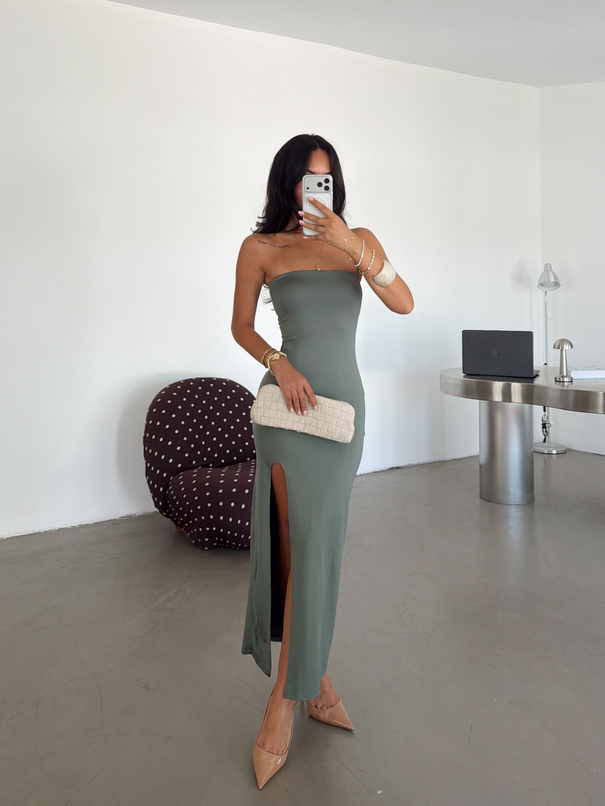Straplez Basic Elbise - Haki