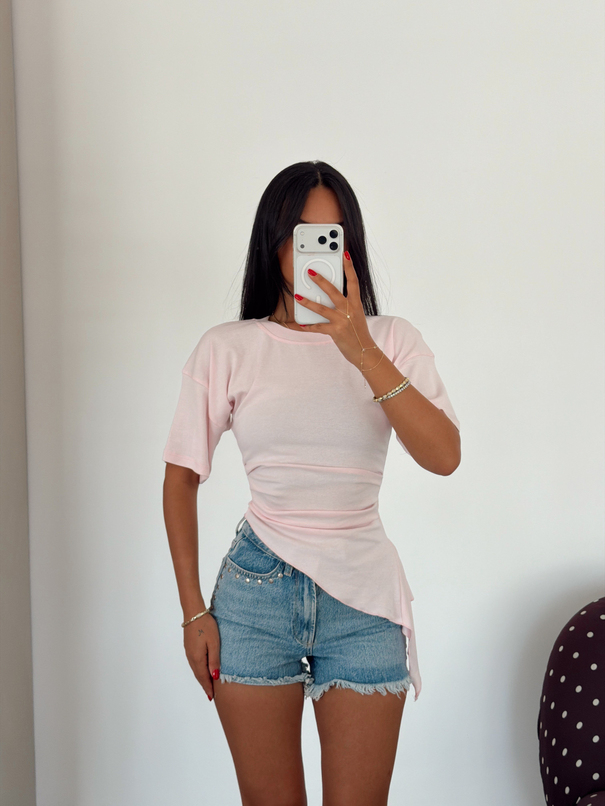 Kısa Kol Asimetrik Basic T-shirt - Pembe