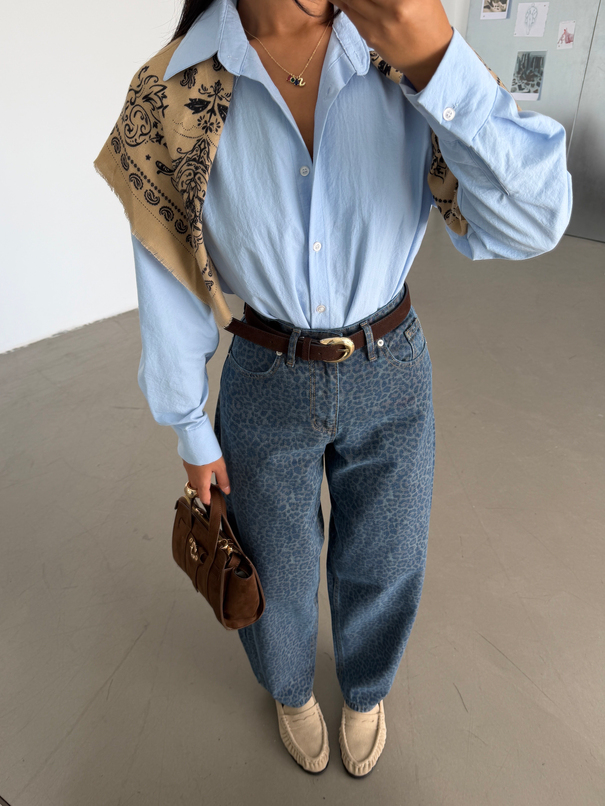 Leopar Desenli Barrel Jean - Mavi