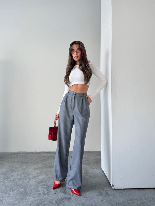 Yünefekt Çizgili Palazzo - Gri