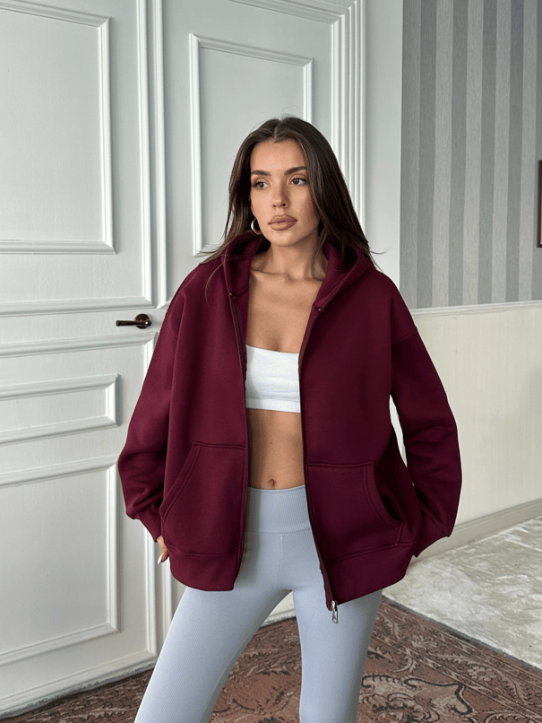 Fermuarlı Cepli Sweat - Bordo