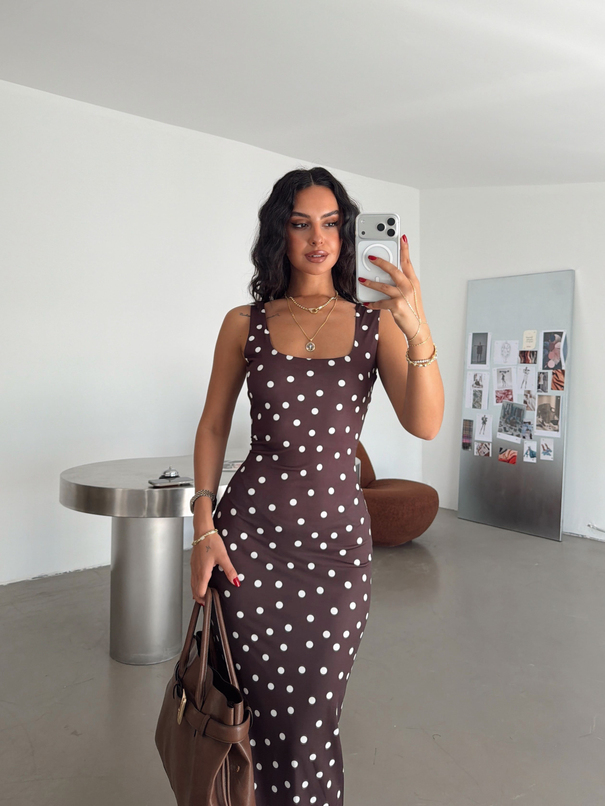 Halter Yaka Puantiyeli Maxi Elbise - Kahve