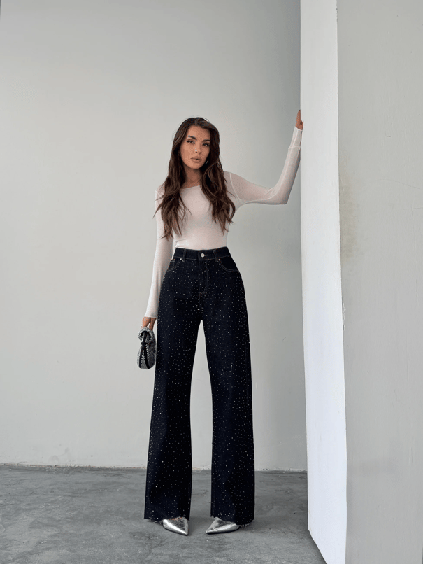 Premium Parlak Taş Detaylı Jean  - Lacivert
