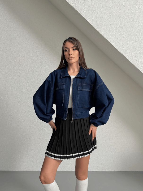 Kapak Cepli Balon Kol Denim Ceket - Lacivert