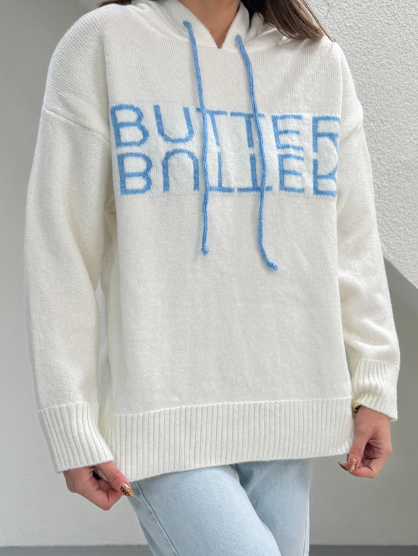 Kapüşonlu Butter Triko Kazak - Beyaz