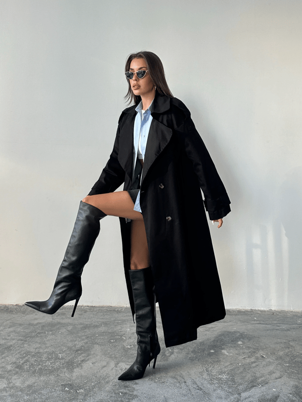 Kemerli Trençkot Siyah - Siyah