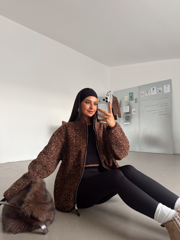 Fermuarlı Peluş Ceket - Kahve