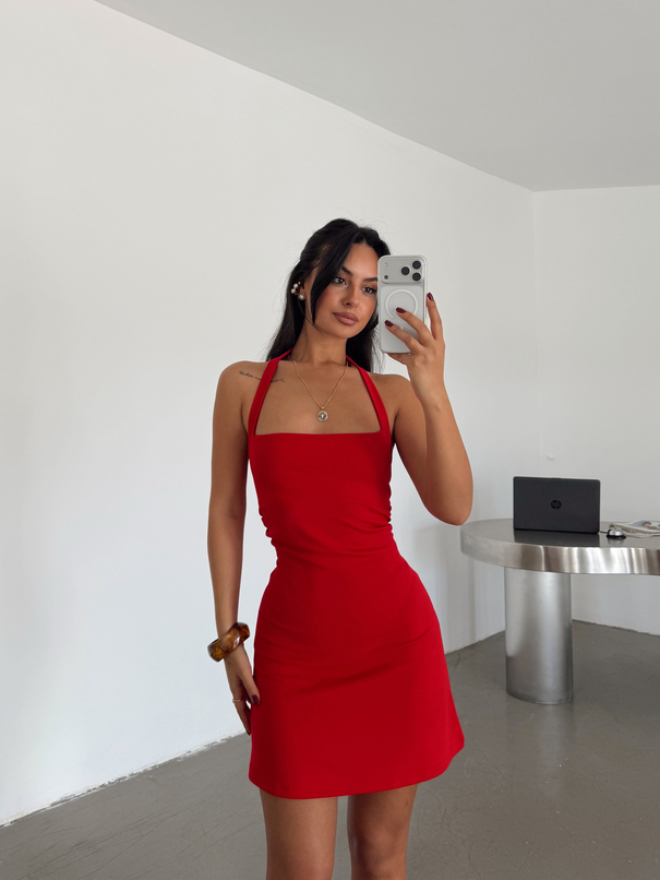 Halter Yaka Mini Elbise - Kırmızı