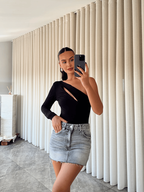 Sabrina Tek Kol Bodysuit Siyah - Siyah
