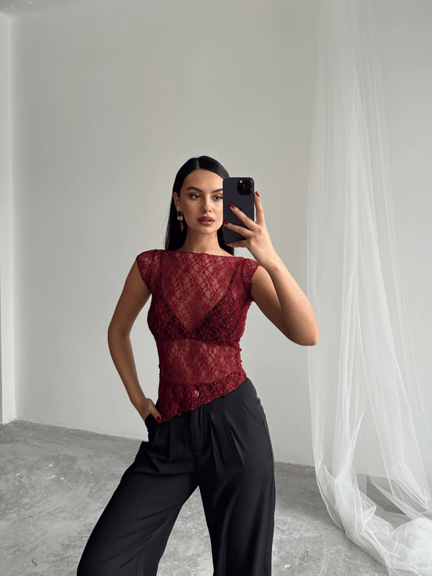 Asimetrik Dantel Bluz - Bordo
