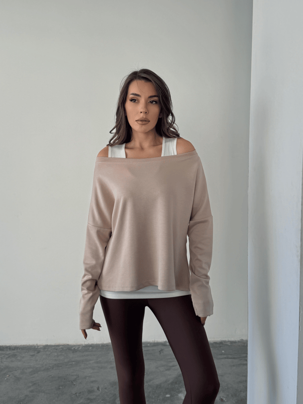 Düşük Omuz Atletli Bluz - Bej