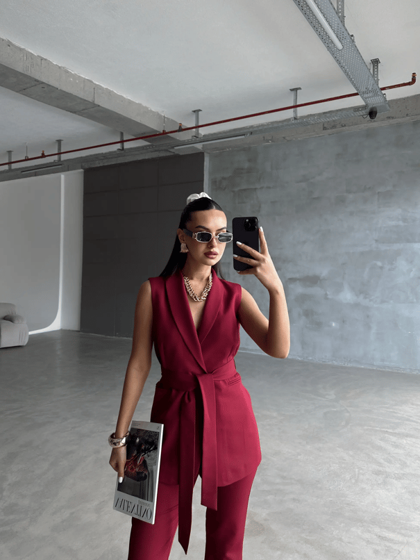 Bağlamalı Blazer Yelek  - Bordo