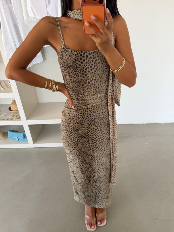 Fularlı Midi Elbise - Leopar