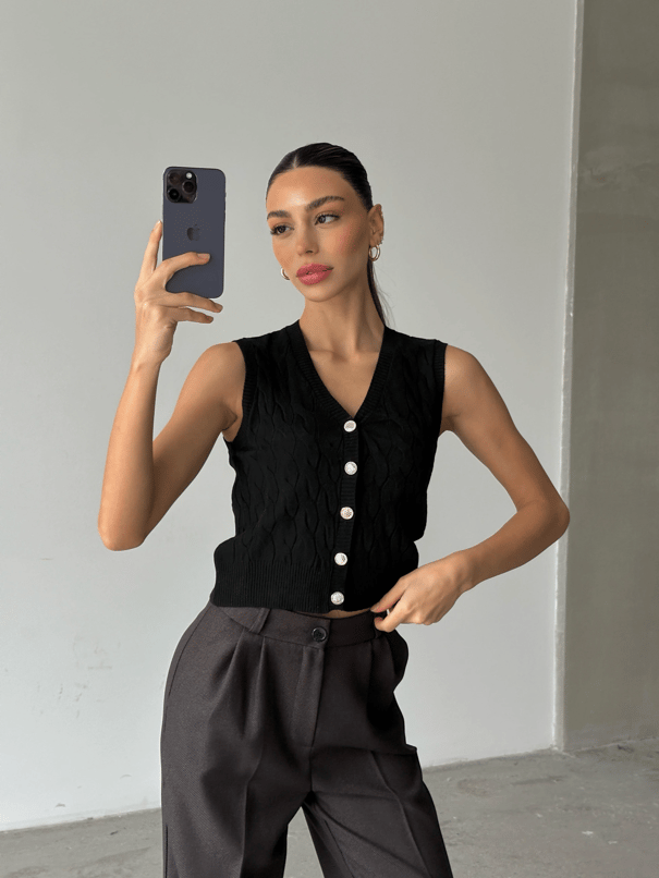Elsa Triko Örgü Yelek Siyah - Siyah
