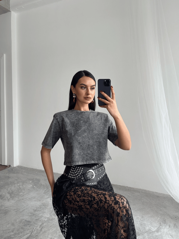 Yıkamalı Vatkalı Crop Basic - Füme