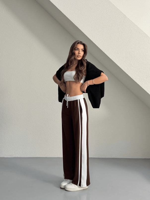 Yan Şerit Bol Paça Eşofman - Kahve