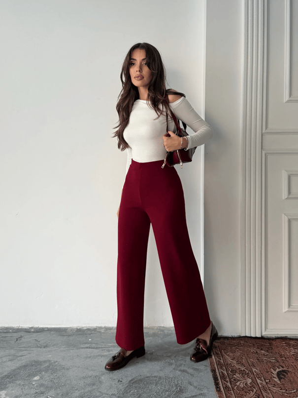 Bel İçten Lastik Kumaş Pantolon  - Bordo