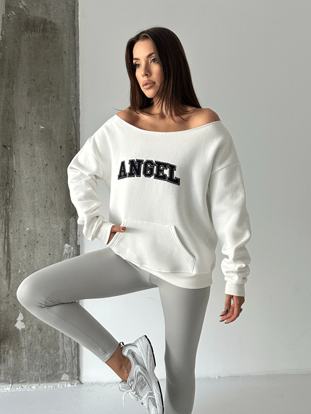 Angel Nakışlı Kayık Yaka Sweat - Beyaz