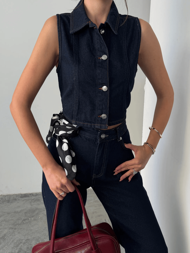 Crop Denim Yelek - Lacivert