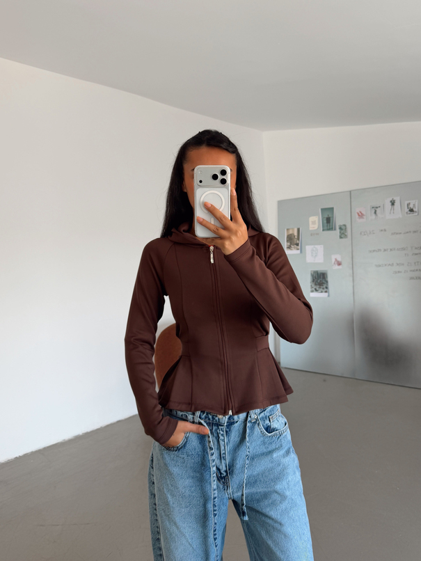 Beli Pileli Fermuarlı Sweat - Kahve