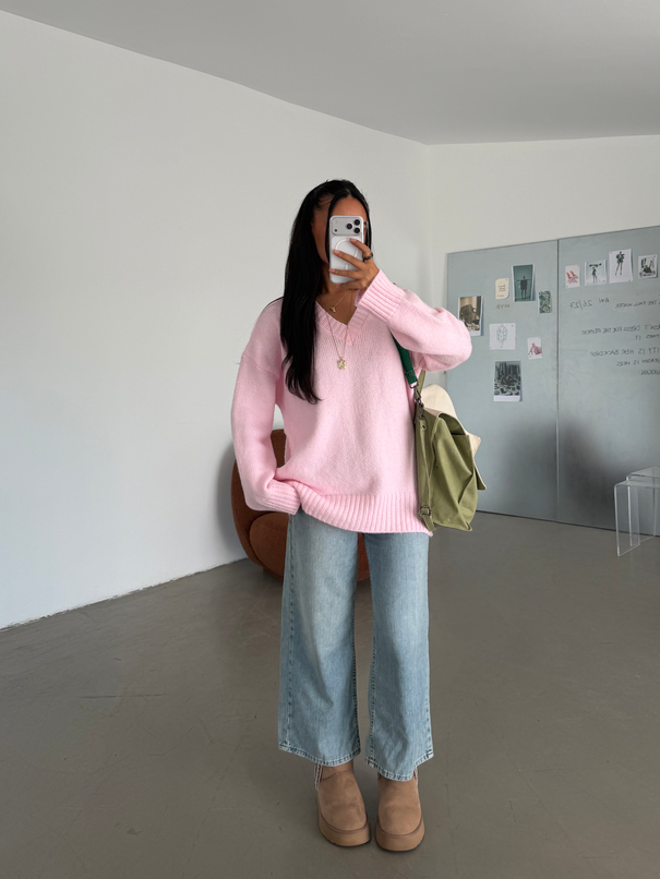 Oversize V Yaka Kazak - Pembe