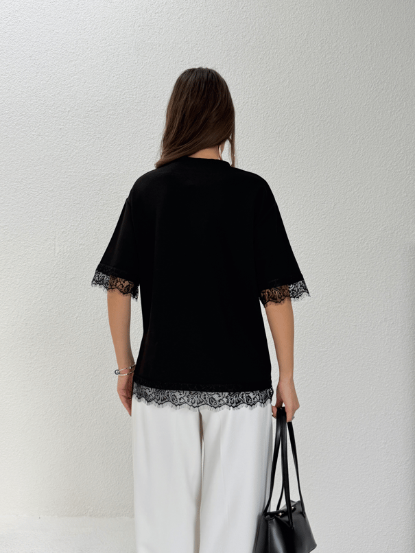 Dantel Detay Basic Tshirt - Siyah