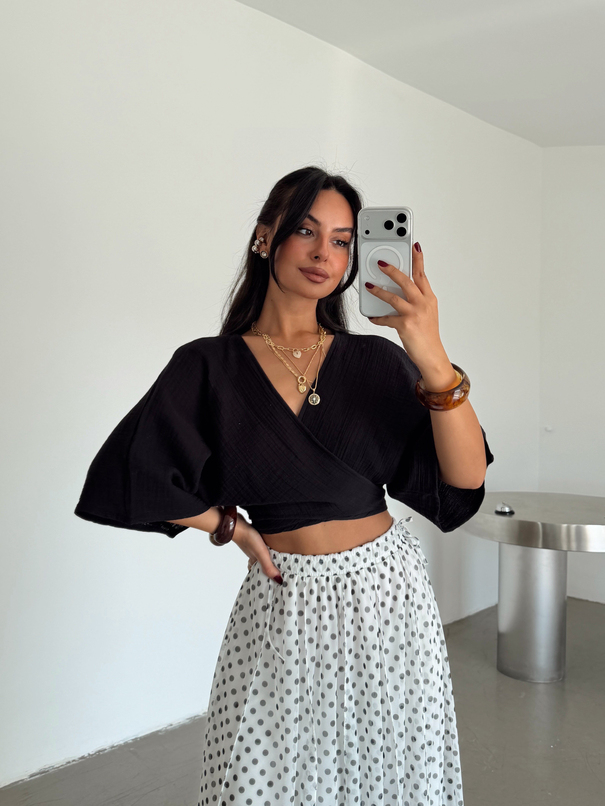 Bağlamalı Müslin Kimono Bluz - Siyah