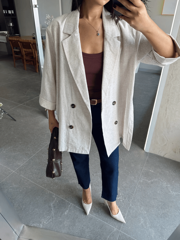 Salaş Yırtmaçlı Keten Ceket  - Krem